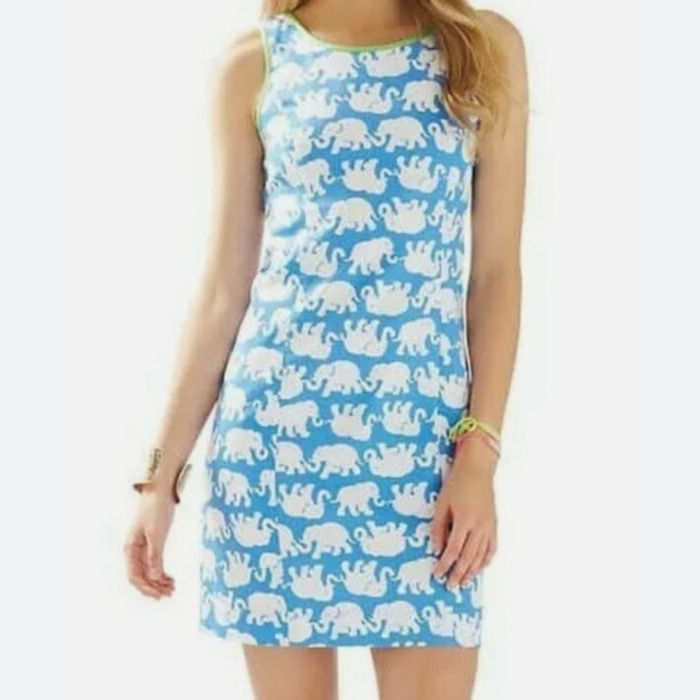 Lilly Pulitzer Bay Blue Tusk Elephant Print Sleeveless Shift Dress